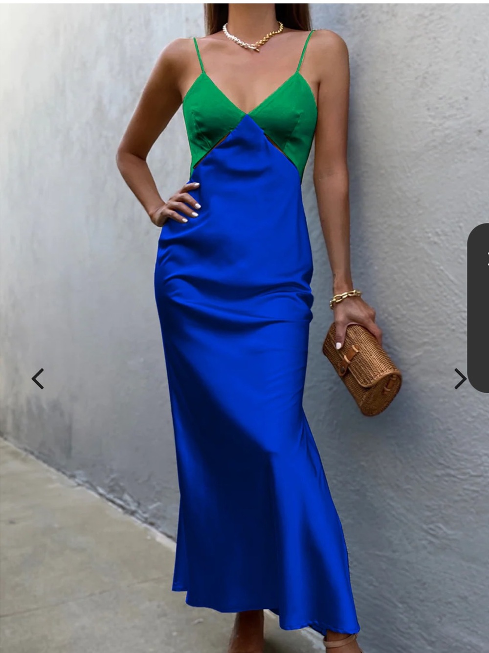 Green and Blue Satin Maxi Slip Dress with Spaghetti Straps